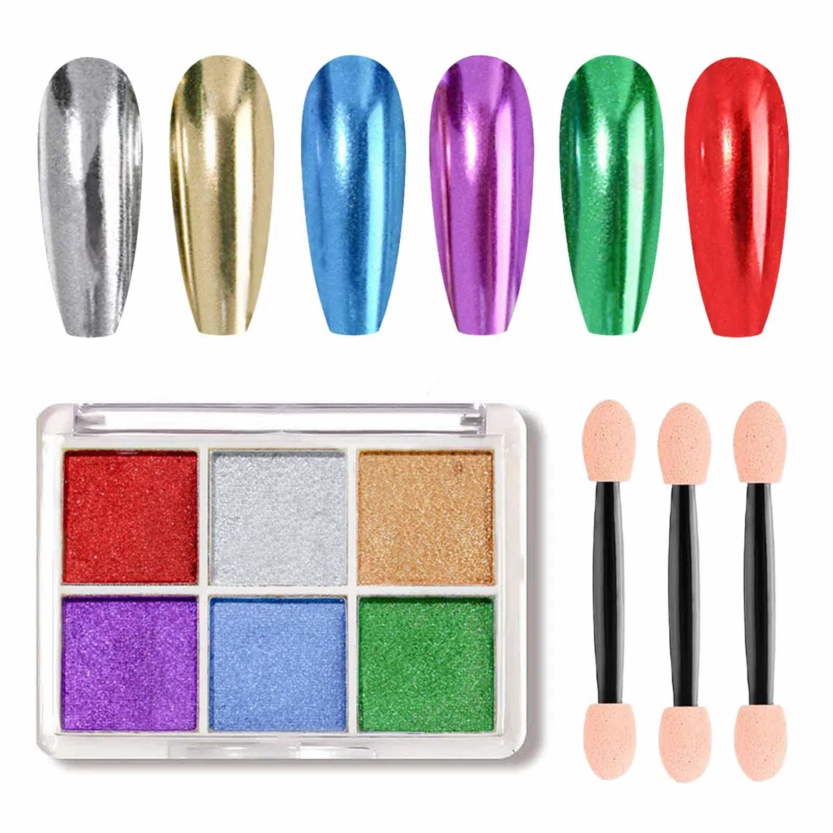 6 color mirror powder chrome nails, nail art powder chrome nails, powder pigment chrome nail decoration