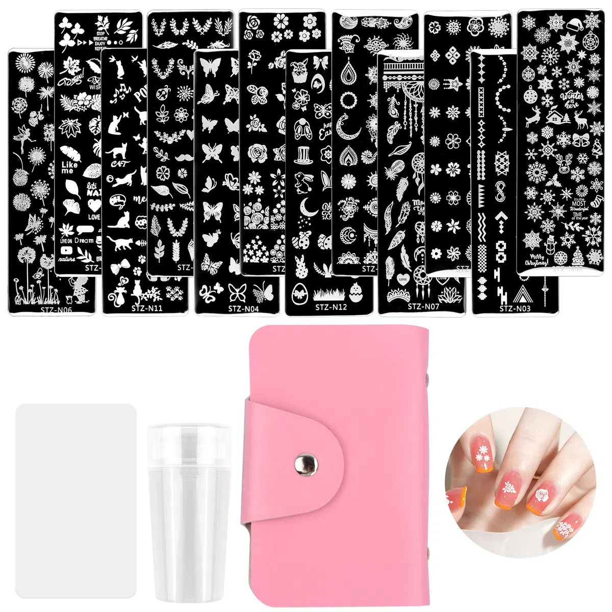 12pcs Nail Template Piastra per Unghie,Set di Nail Art Stamping con raschietto e timbro,Stampi per unghie con vari motivi,Strumenti per nail art,Adatti per nail art fai da te