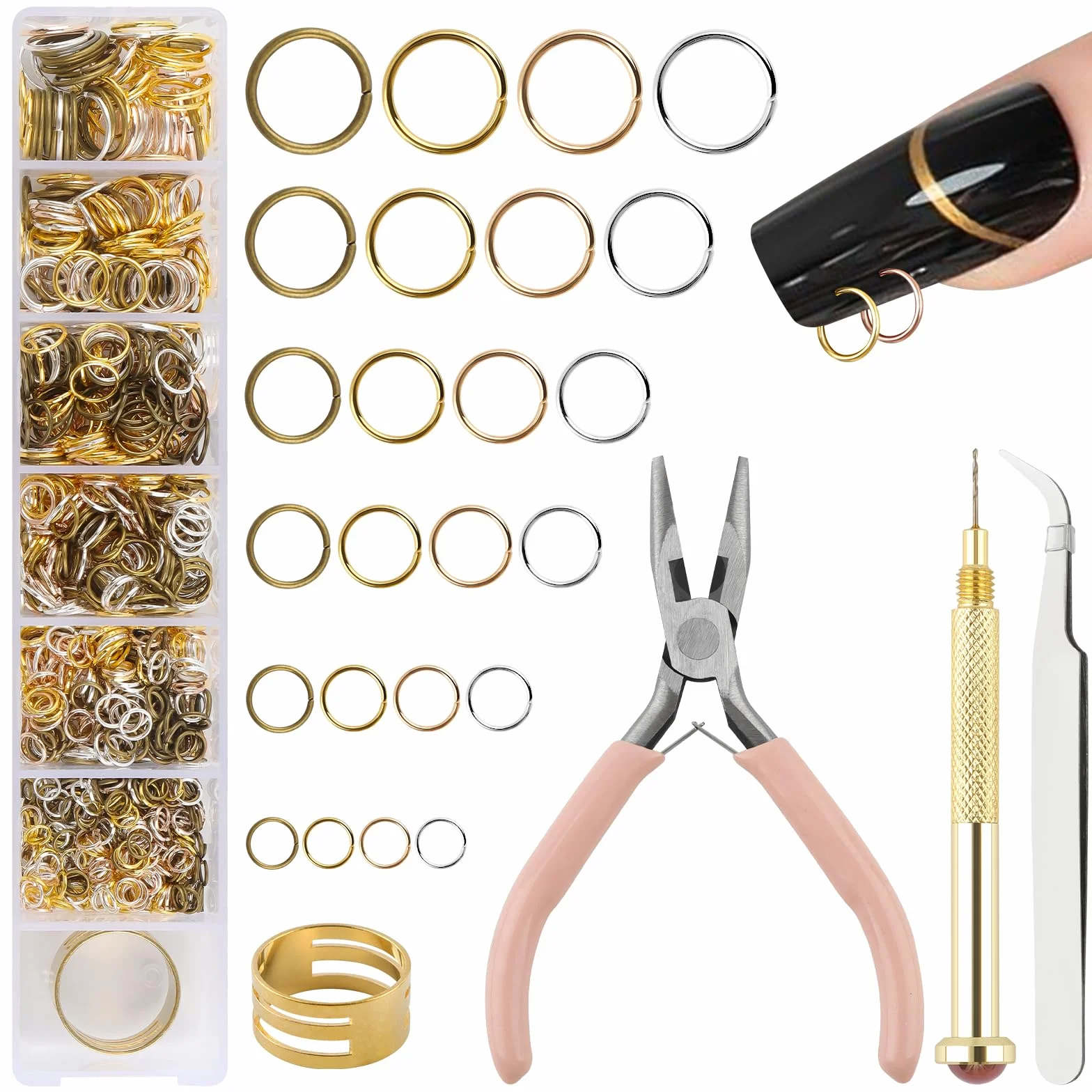 EBANKU 1014Pcs Nail Art Dangle Charms Piercing Tool Hand Drill, 6 dimensioni Open Jump Rings per la realizzazione di gioielli con Jump Ring Opener, Nail Charms Nail Jewelry Rings con pinze e pinzette