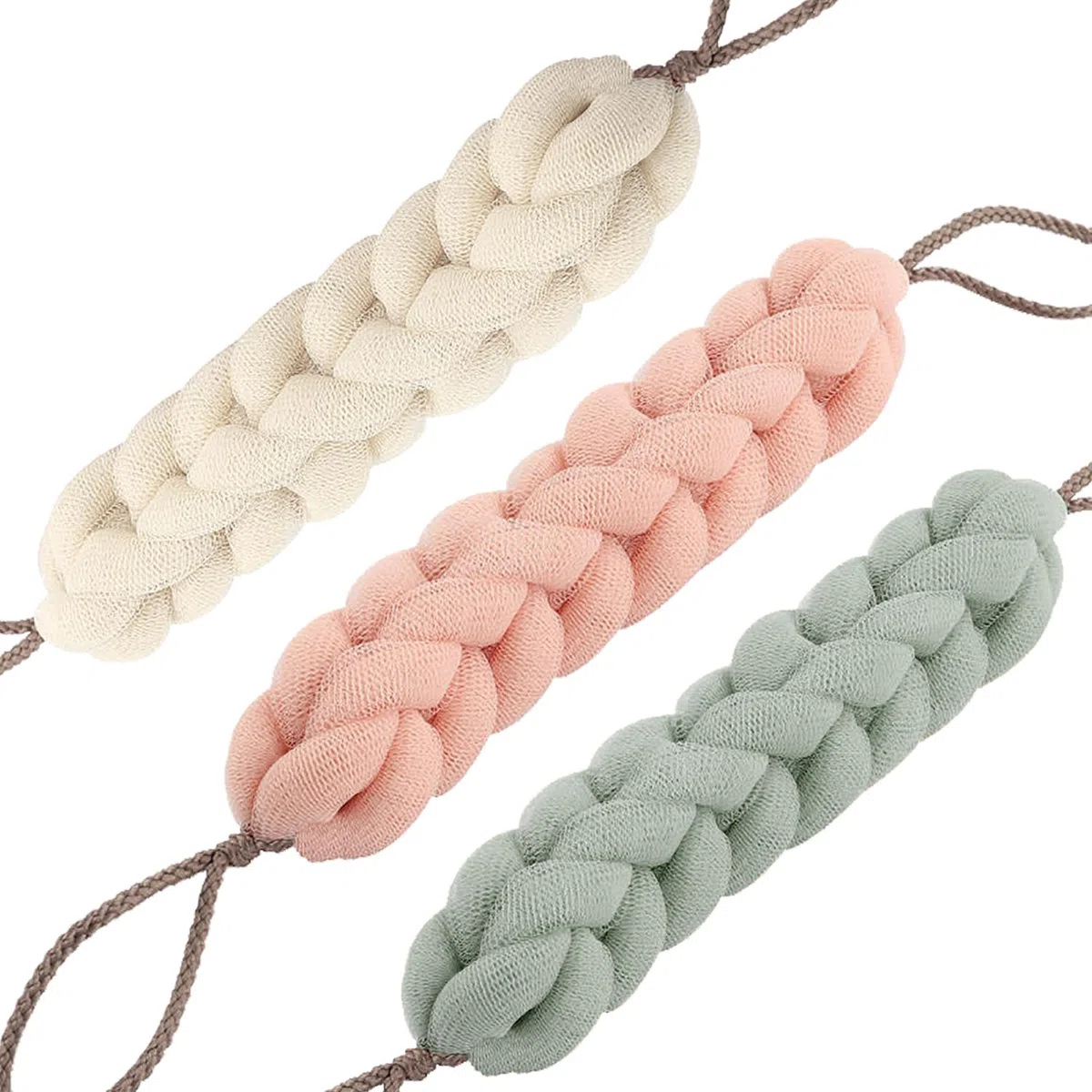 3 Pezzi Spugna Doccia Rete Lunghe, Spugne Bagno Mesh Elastica per Uomini e Donne, Estensibile con Manici Corda per Pulizia