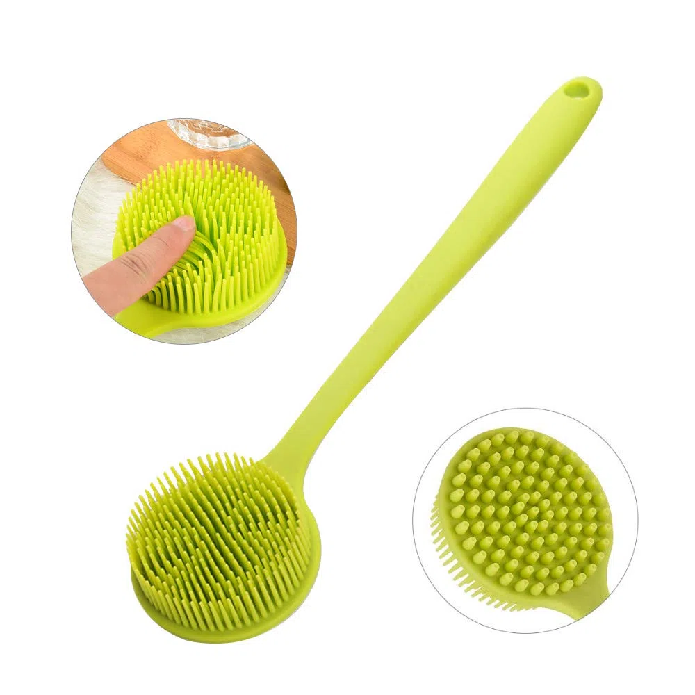 Spazzola per il corpo in silicone, spazzola da bagno con manico lungo e setole ultra morbide, antiscivolo, verde