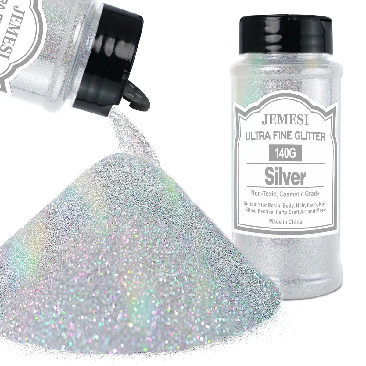 Glitter Olografici Ultrafini, Glitter Di Bellezza, Argento140g, Adatti Per Capelli, Viso, Corpo, Unghie e Trucco Natalizio. Adatti Anche Per Resina Epossidica, Vetro e Lavori Artigianali.