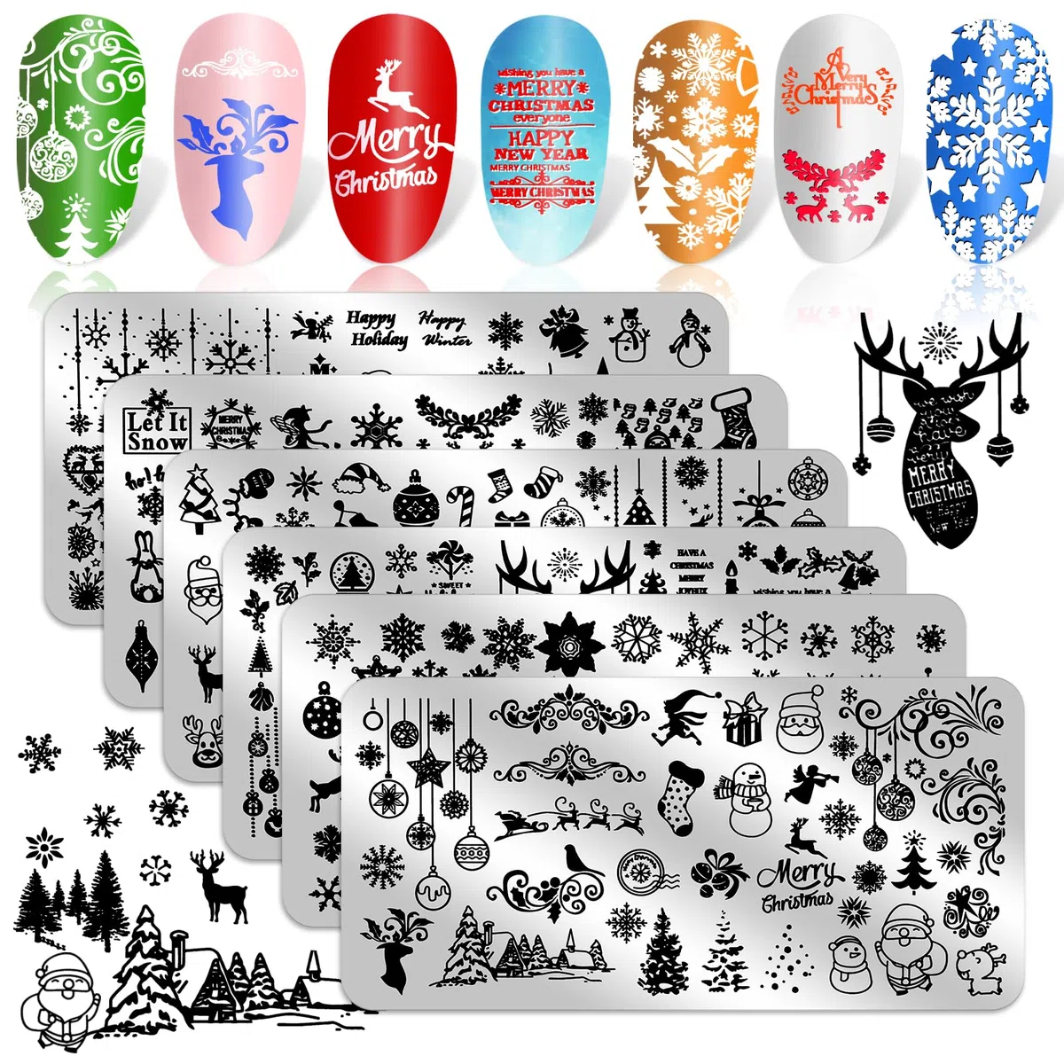 JSRQT 6 Stück Weihnachten Nail Art Stempel Platten, Nail Stamping Plates Set, Nail Art Schablonen Muster, Schneeflocke Weihnachtsbaum Weihnachtsmütze Elch Design für Frauen DIY-Kunst-Maniküre
