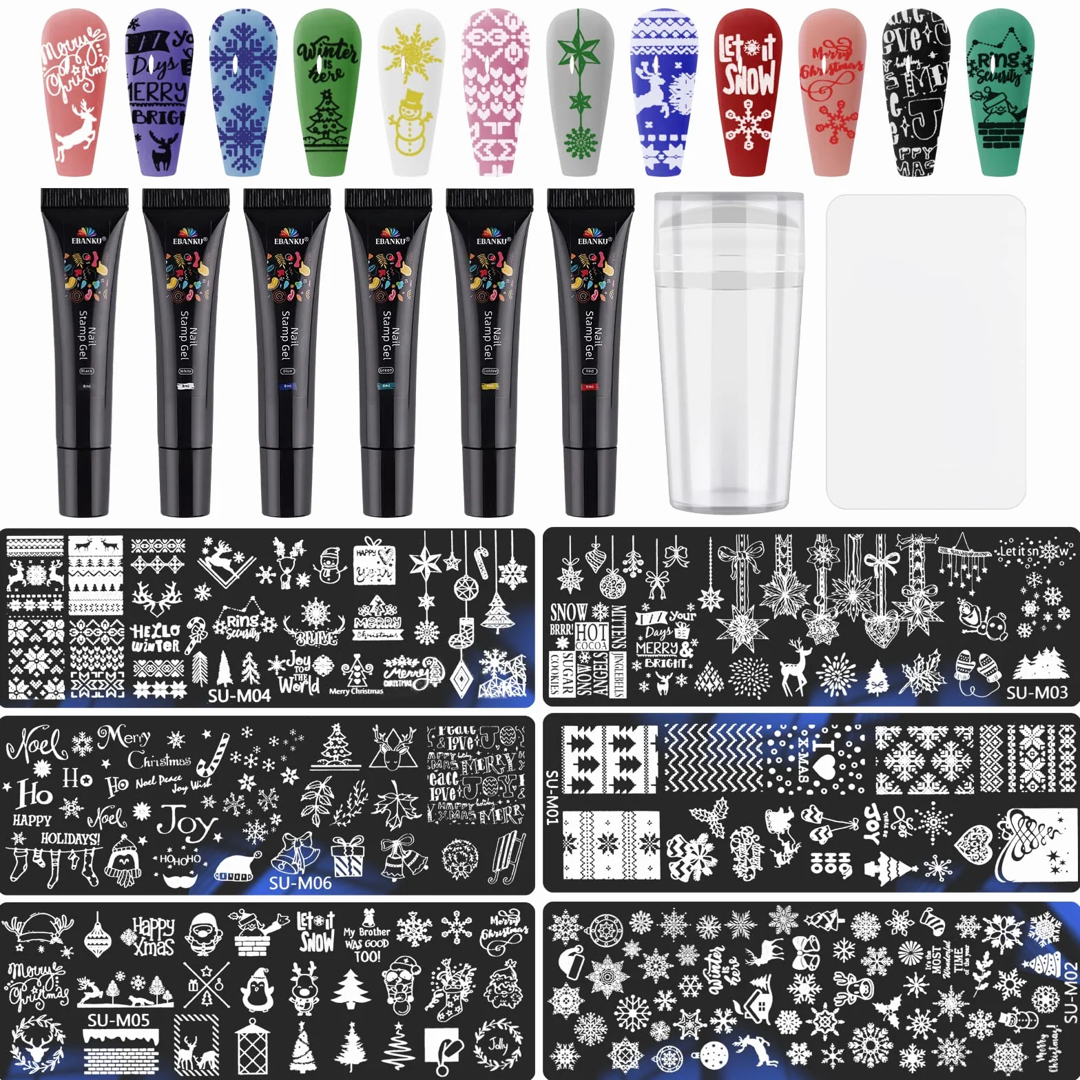 12 Pezzi Nail Art Stamping Kit, EBANKU 6 Colori Nail Stamping Gel Polish con 6 Pezzi Modelli per Unghie Stamper Raschietti in Silicone Fiocchi Neve Babbo Natale Nail Plate Print Strumento per Manicure
