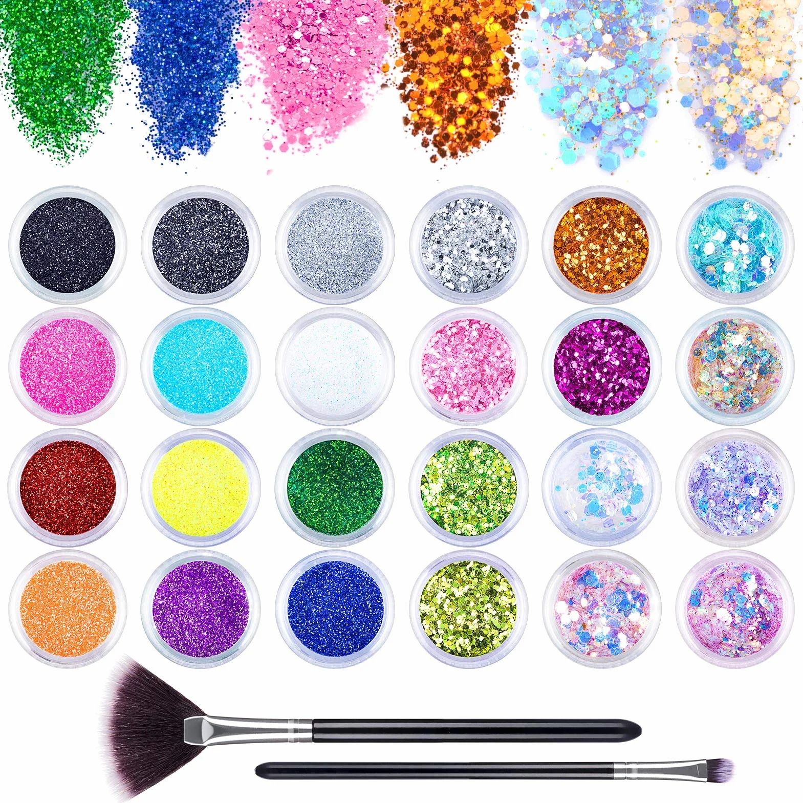 MELLIEX 24 Pezzi Glitter per Unghie, Paillettes Polvere Glitter per Unghie Glitter Cosmetici per Viso Corpo Nail art Decorazioni, con Strumenti per Pennelli