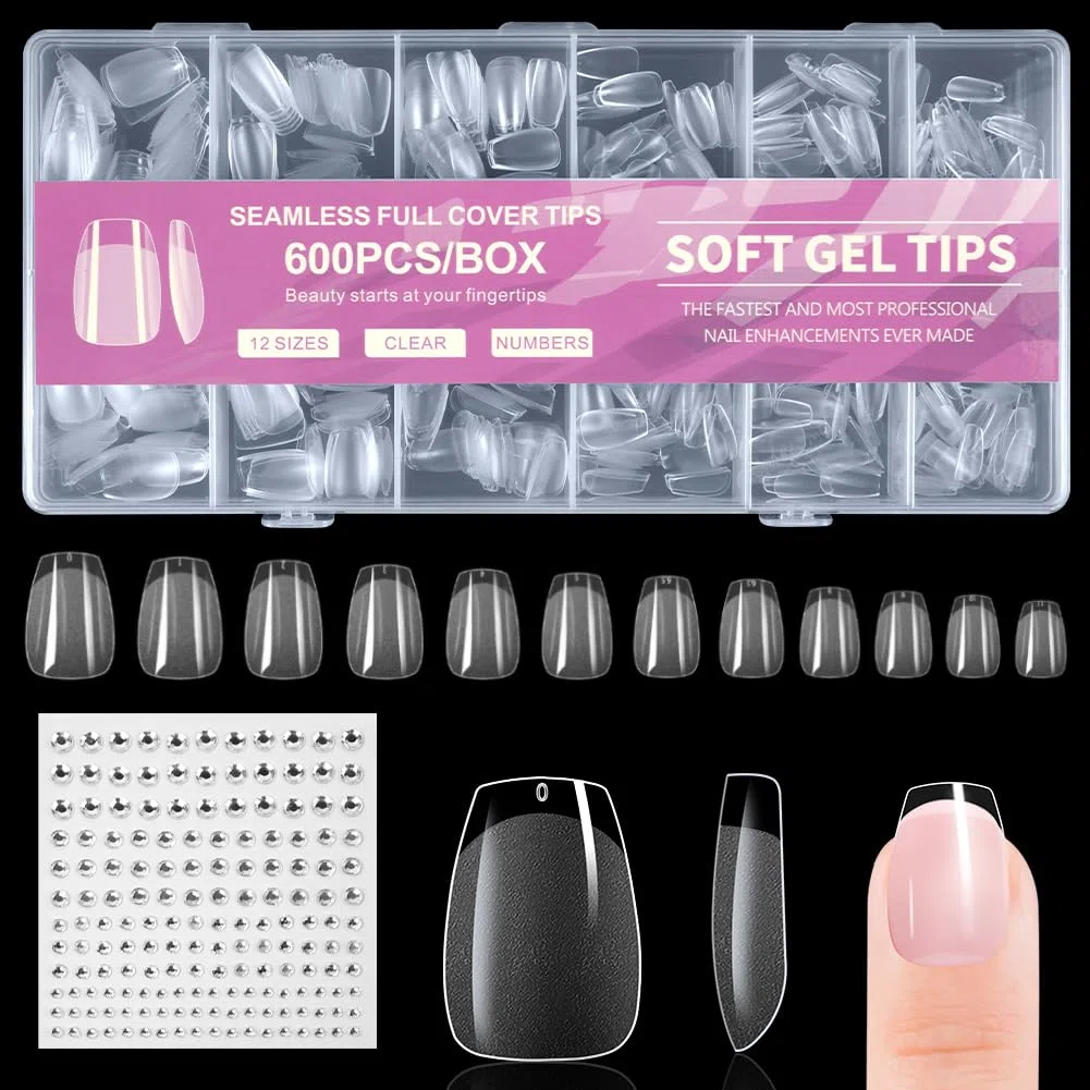 Tip Unghie, 600 Pezzi Unghie Finte Corte, 12 Taglie Tip Unghie Ricostruzione, Copertura Completa Tips Unghie Trasparente per Salone Manicure, Nail Art Principiante