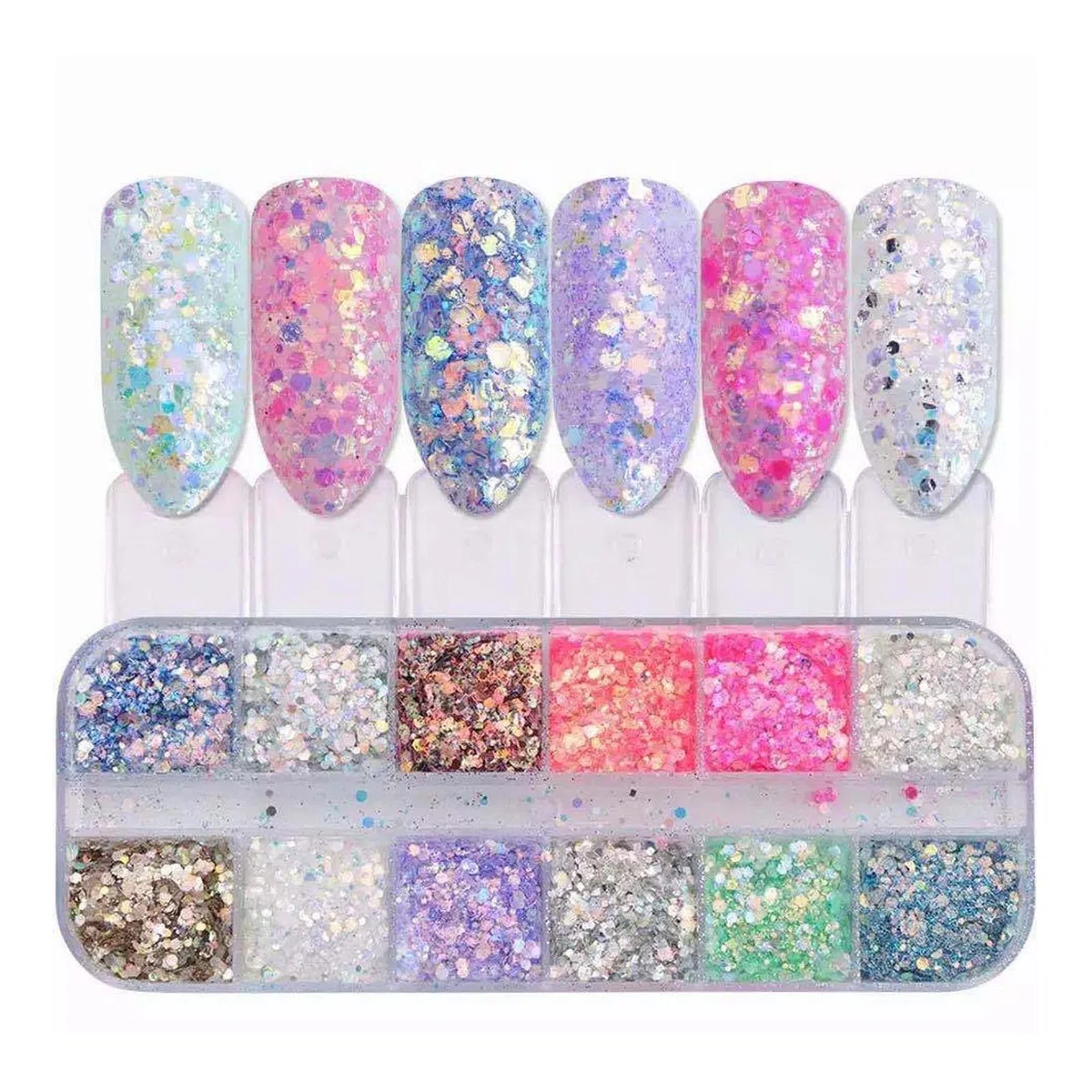 Paillettes per Unghie, 1 scatole / 12 griglie a forma di cuore, stelle, paillettes per nail art con glitter olografici lunari, fiocchi di nail art per nail art e artigianato, forniture per nail Art