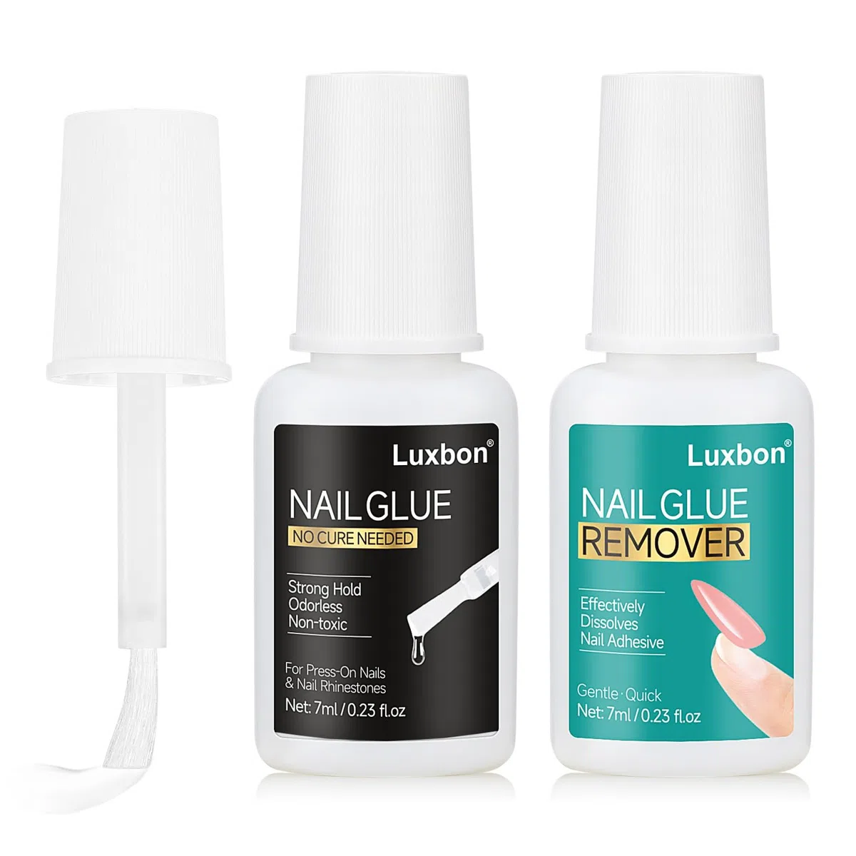 Luxbon Colla e Solvente per Unghie 2 x 7ml – Formula di Grado Medico per Unghie Finte – Senza UV, Inodore, Atossica, Tenuta Forte
