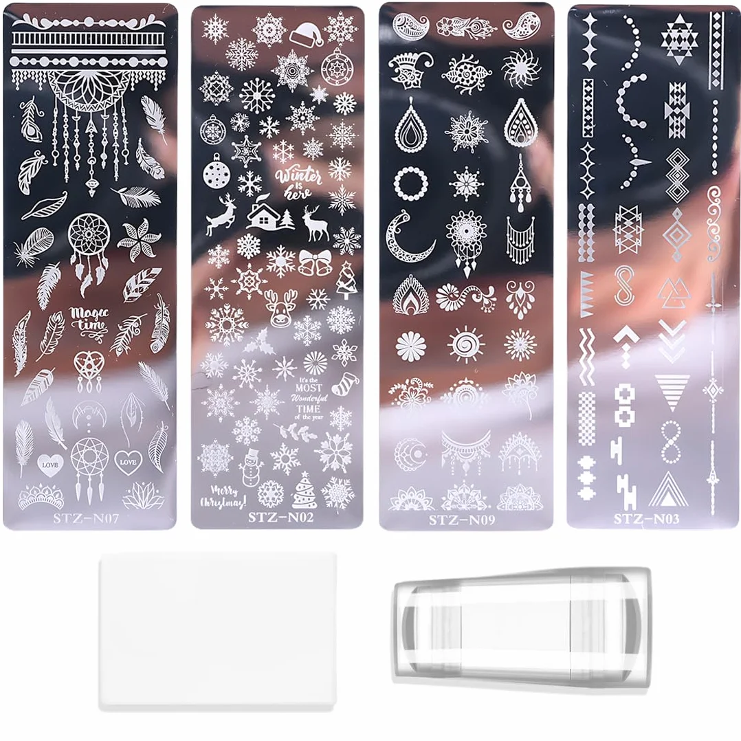 Stencil Unghie Nail Art 4 Pezzi-Stamping Unghie Nail Art-Stencil Unghie-con Doppia Testa Nail Art Stamper-per Nail Art Fai da Tec